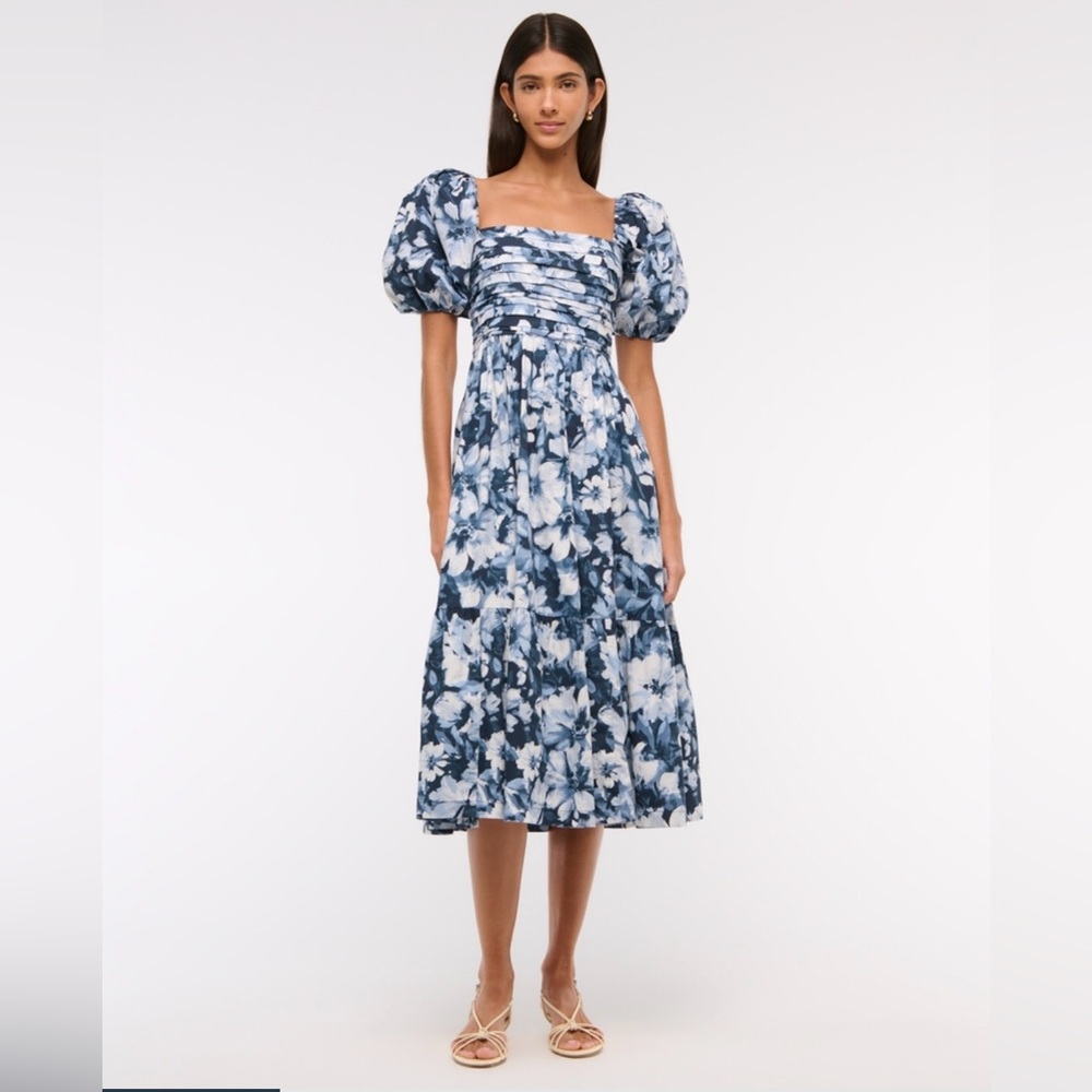 Abercrombie Emerson Poplin Puff Sleeve Midi Dress Blue Floral XXL petite